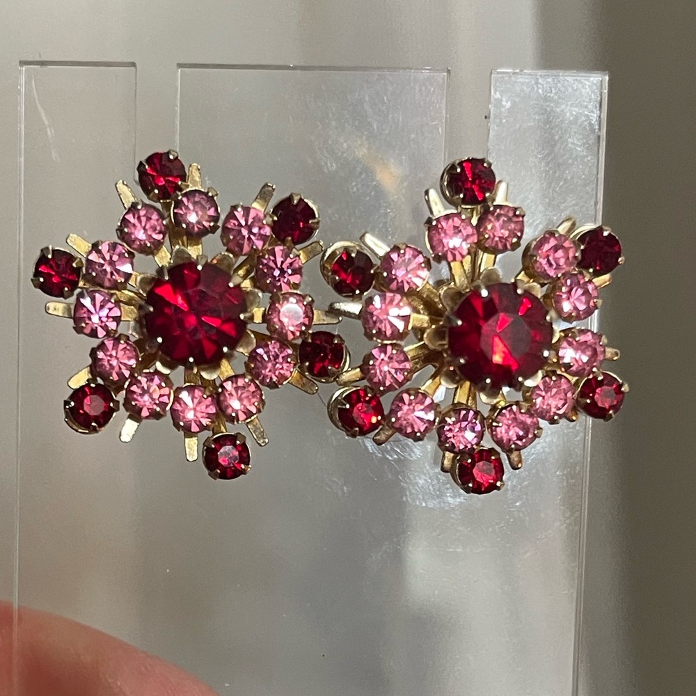 Coro Red & Pink Rhinestone Screw-Back Earrings – Gold Tone - Picture 3 of 7